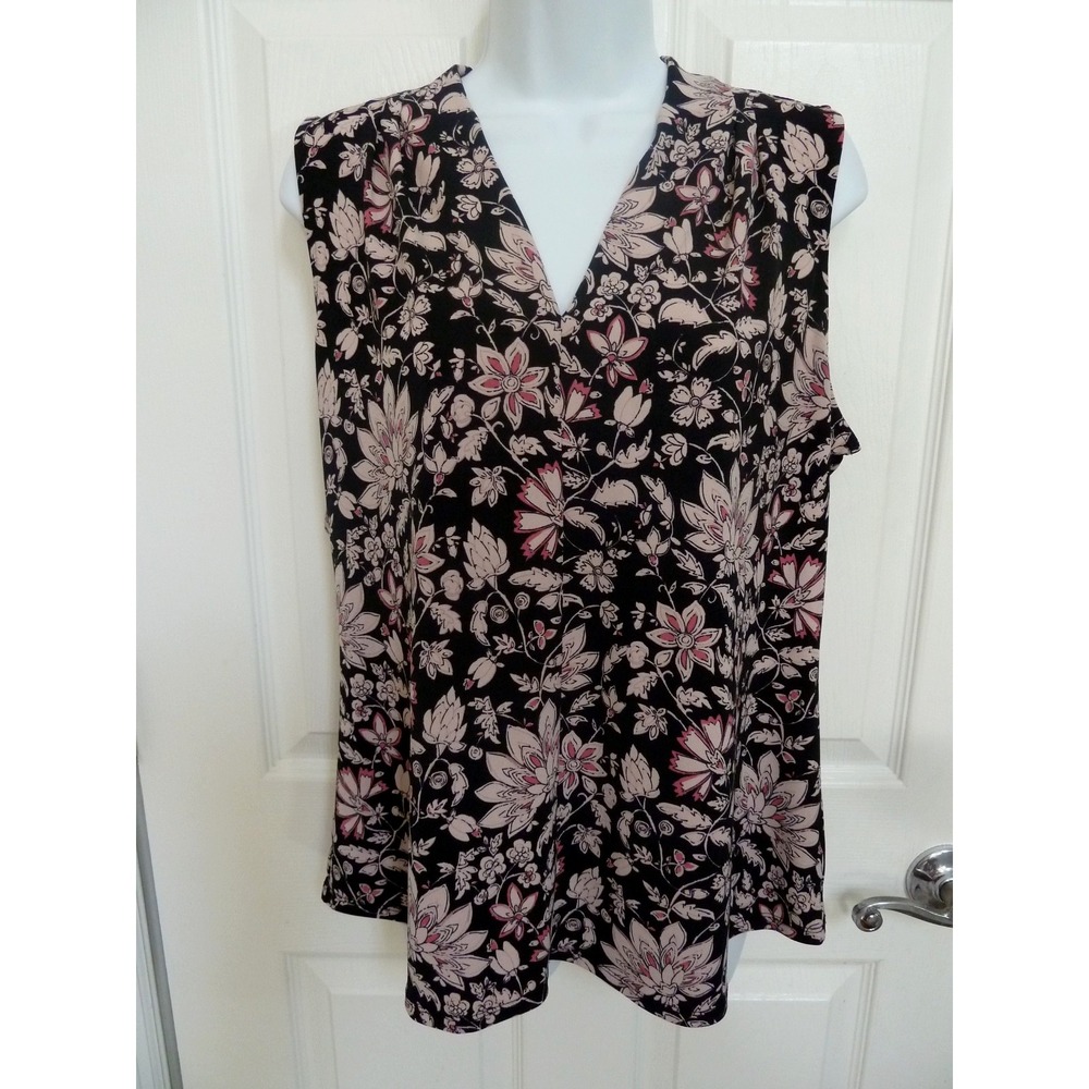 LIZ CLAIBORNE CAREER Sz L, 12/14 Sleeveless Dark Floral Office Blouse V-Neck